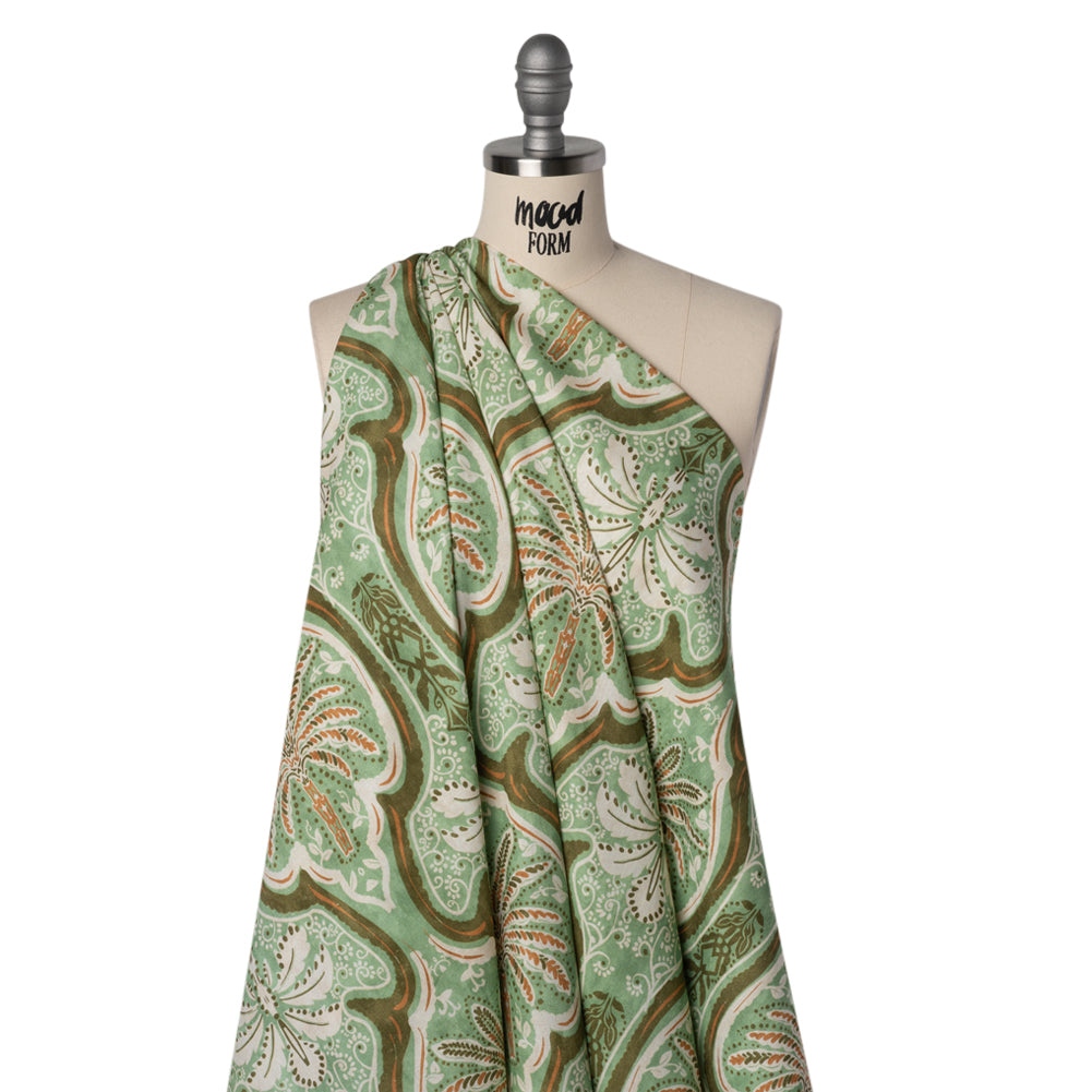 Linen and Rayon Woven - Seafoam, Olive and Burnt Orange Fanciful Palm Ogees - Mood Exclusive Frond Flow Print - Joann Fabrics