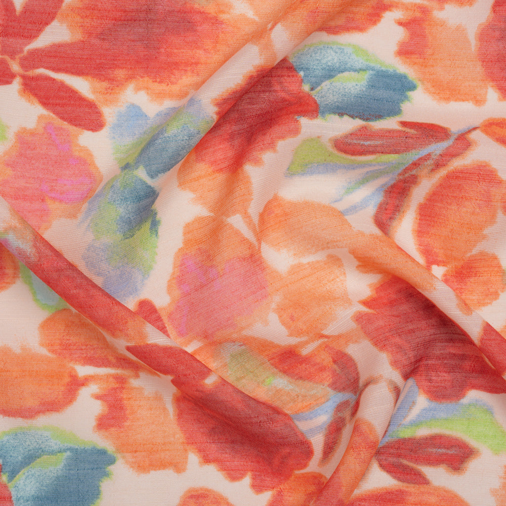Textured Gauzy Rayon and Polyester Woven Print - Orange, Coral and Blue Painterly Florals - Designer Deadstock - Joann Fabrics