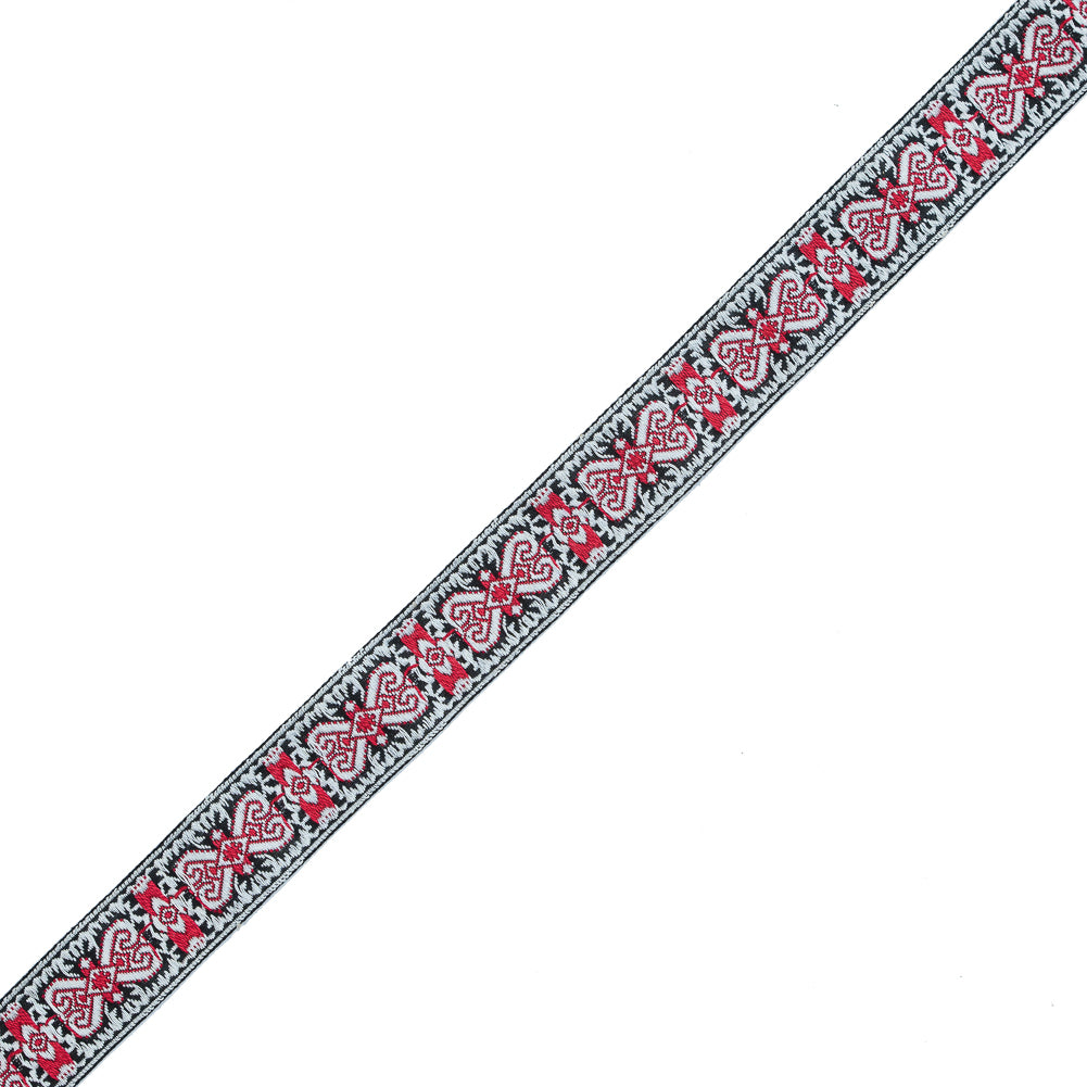Red and White Geometric German Jacquard Ribbon - 1