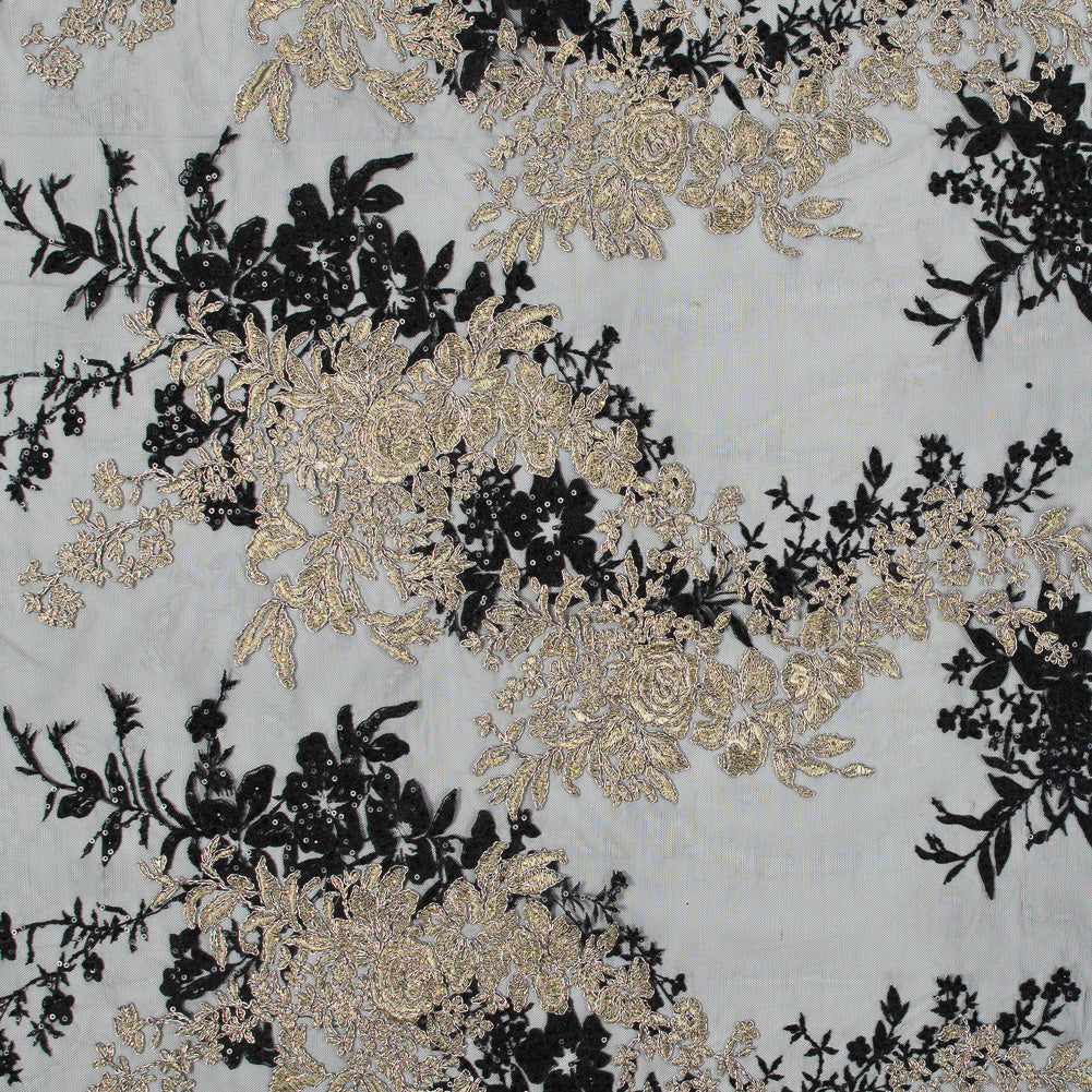 Corded and Embroidered Lace with Single Scalloped Edge - Black and Metallic Gold Floral - Joann Fabrics