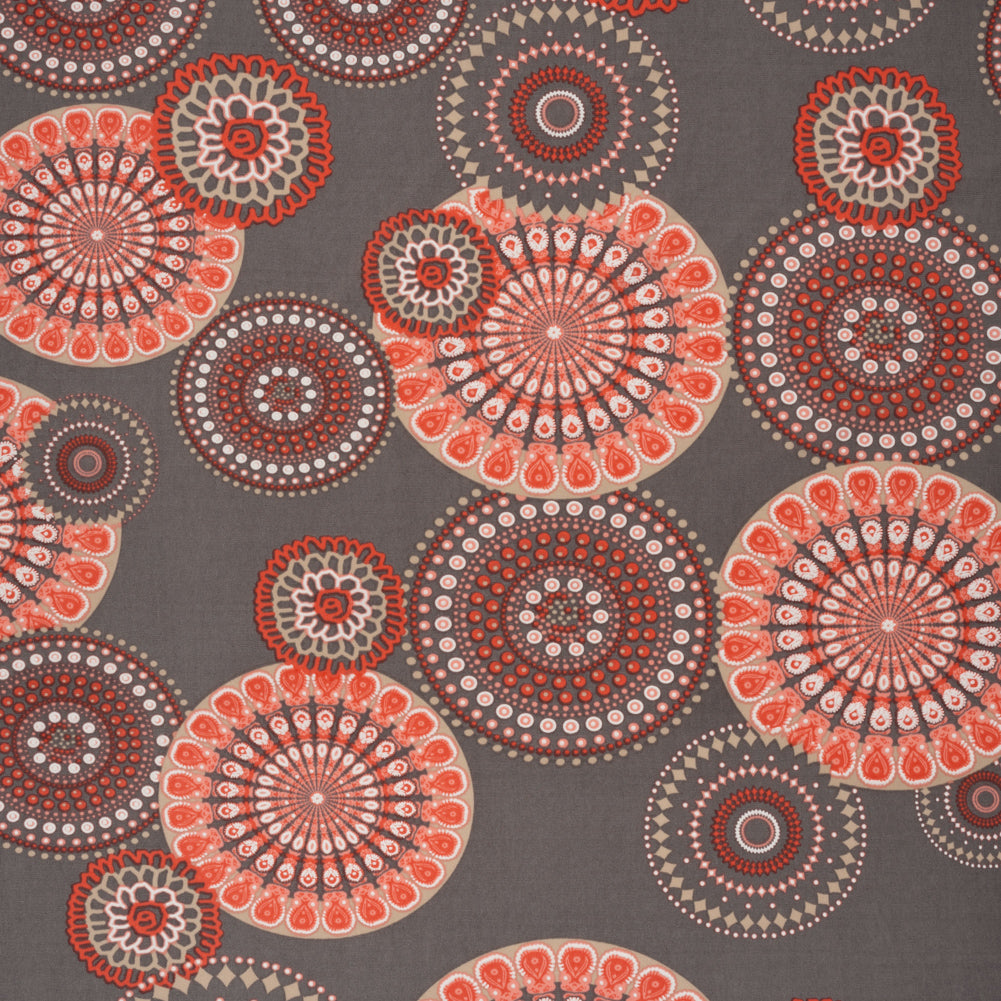 Stretch Polyester Tricot with Puffy Print - Gray, Coral Red and White Circle Medallions - Designer Deadstock - Joann Fabrics