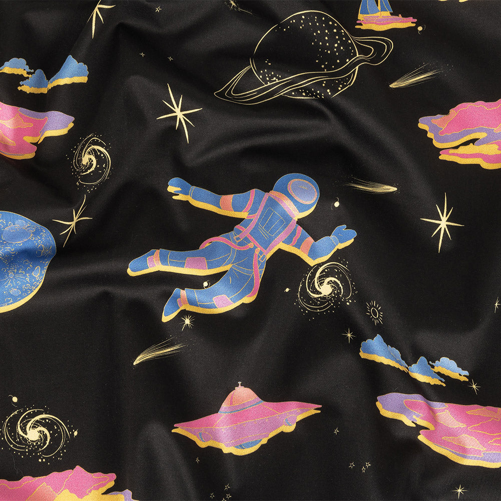 Stretch Cotton Sateen - Black, Pink and Blue Astronauts in Space - Sweet Dreams Print - Mood Exclusive Sugar Collection - Joann Fabrics