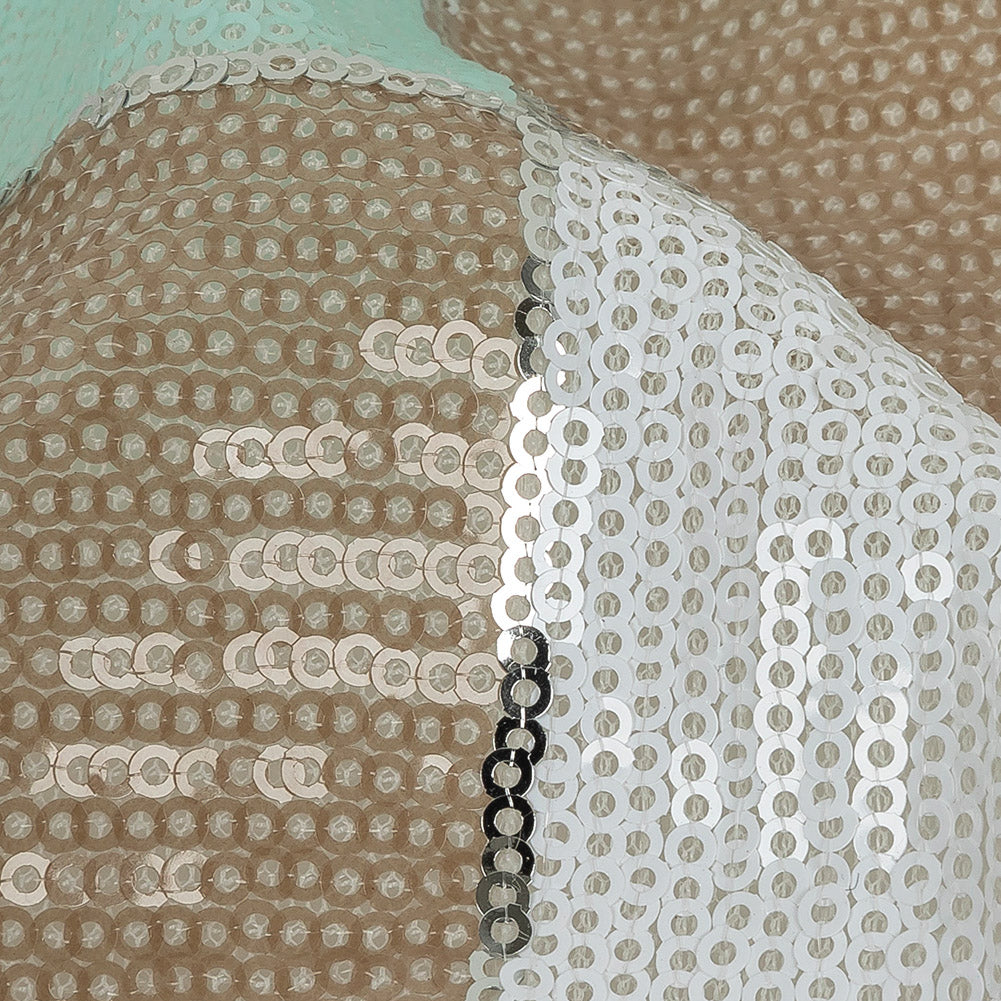 Italian Soothing Sea, Light Taupe and Lucent White Baby Sequin Squares on White Mesh - Joann Fabrics