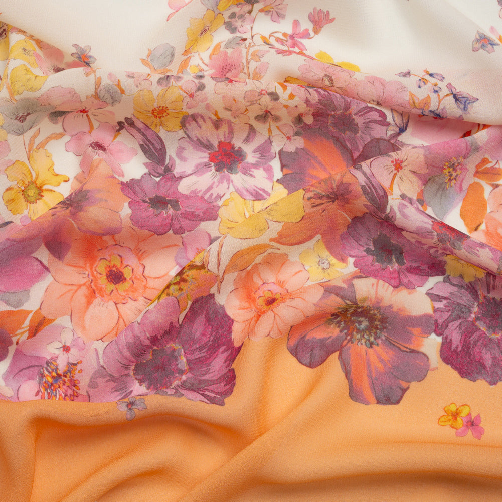Viscose Georgette Panel - Orange and Purple Floral - Mood Exclusive Creamsicle Carnations Print - Joann Fabrics