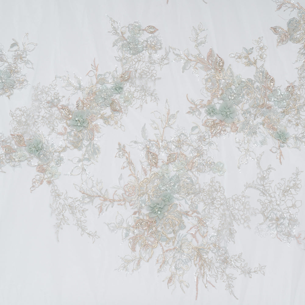 Embroidered and Beaded Tulle Panel with 3D Fabric Flowers - Light Blue, Seafoam and Silver Roses - Joann Fabrics