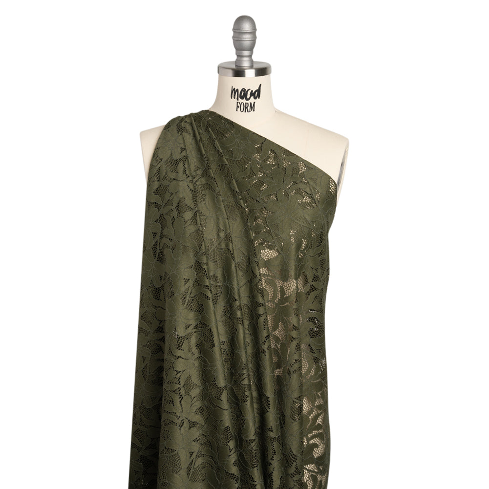 Recycled Stretch Raschel Lace with Finished Edges - Algae Green Dancing Lilies - Joann Fabrics