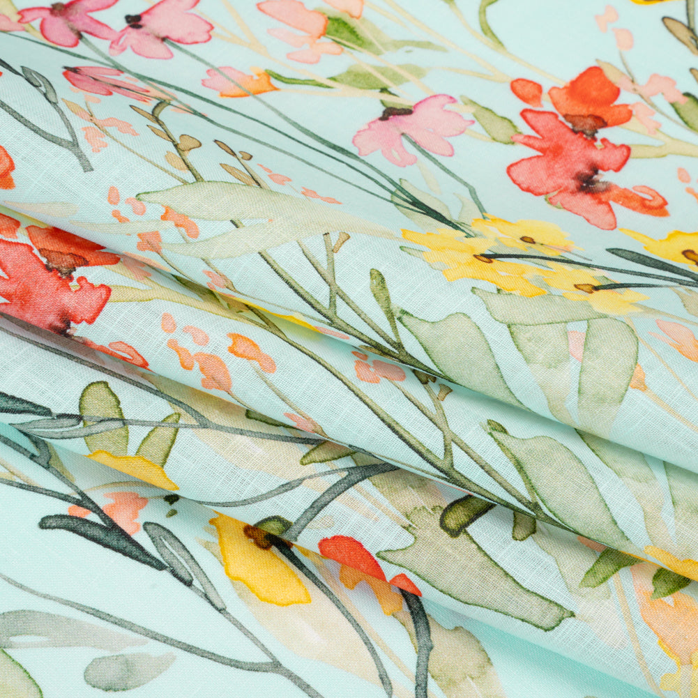 Lightweight Linen Woven - Yellow, Red and Green Watercolor Floral Trails on Ocean Blue - Joann Fabrics