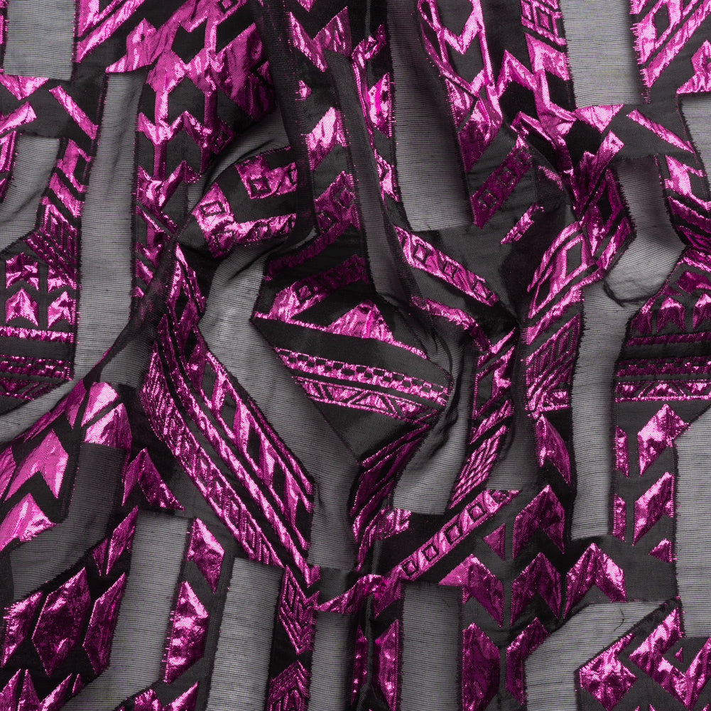 Metallic Fuchsia and Black Geometric Pathways Luxury Burnout Brocade - Joann Fabrics