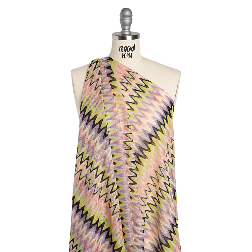 Polyester Sheer Novelty Knit - Lime Green, Lavender and Pink Retro Waves - Designer Deadstock - Joann Fabrics