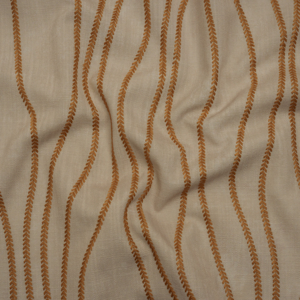 Embroidered Linen-Look Polyester Drapery Woven - Copper Leafy Wavy Lines and Watercolor Texture - British Imported - Joann Fabrics