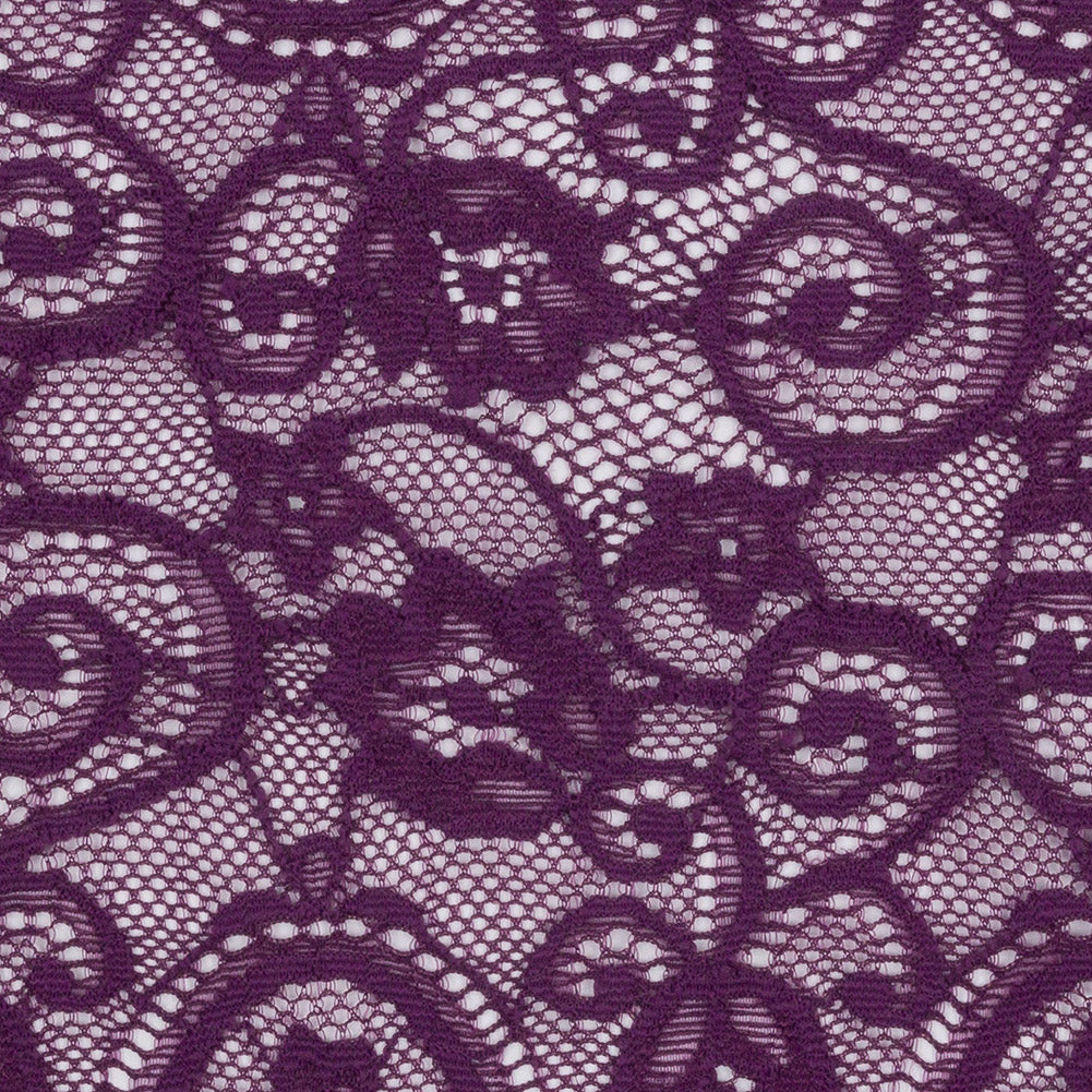Purple Floral Scrolls Stretch Lace Trim with Scalloped Edges - 6.25