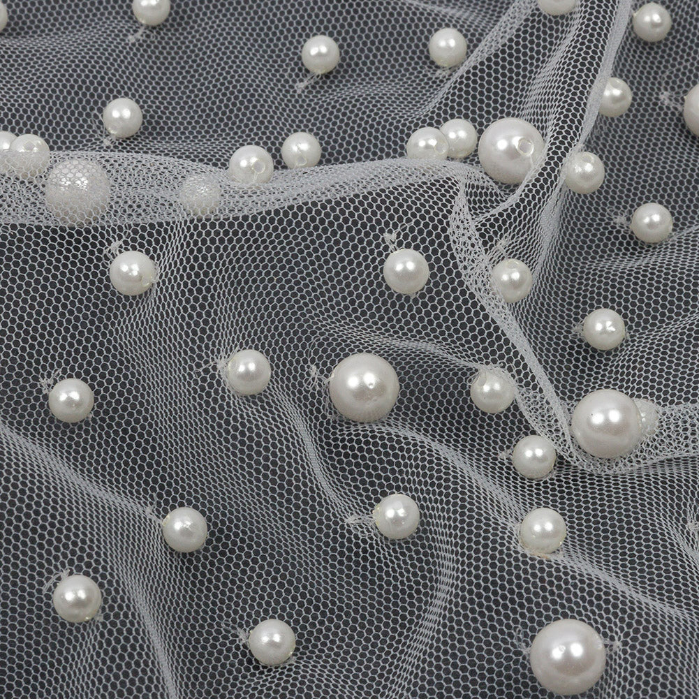 Mesh Lace with Pearl Beads - Bright White - Joann Fabrics