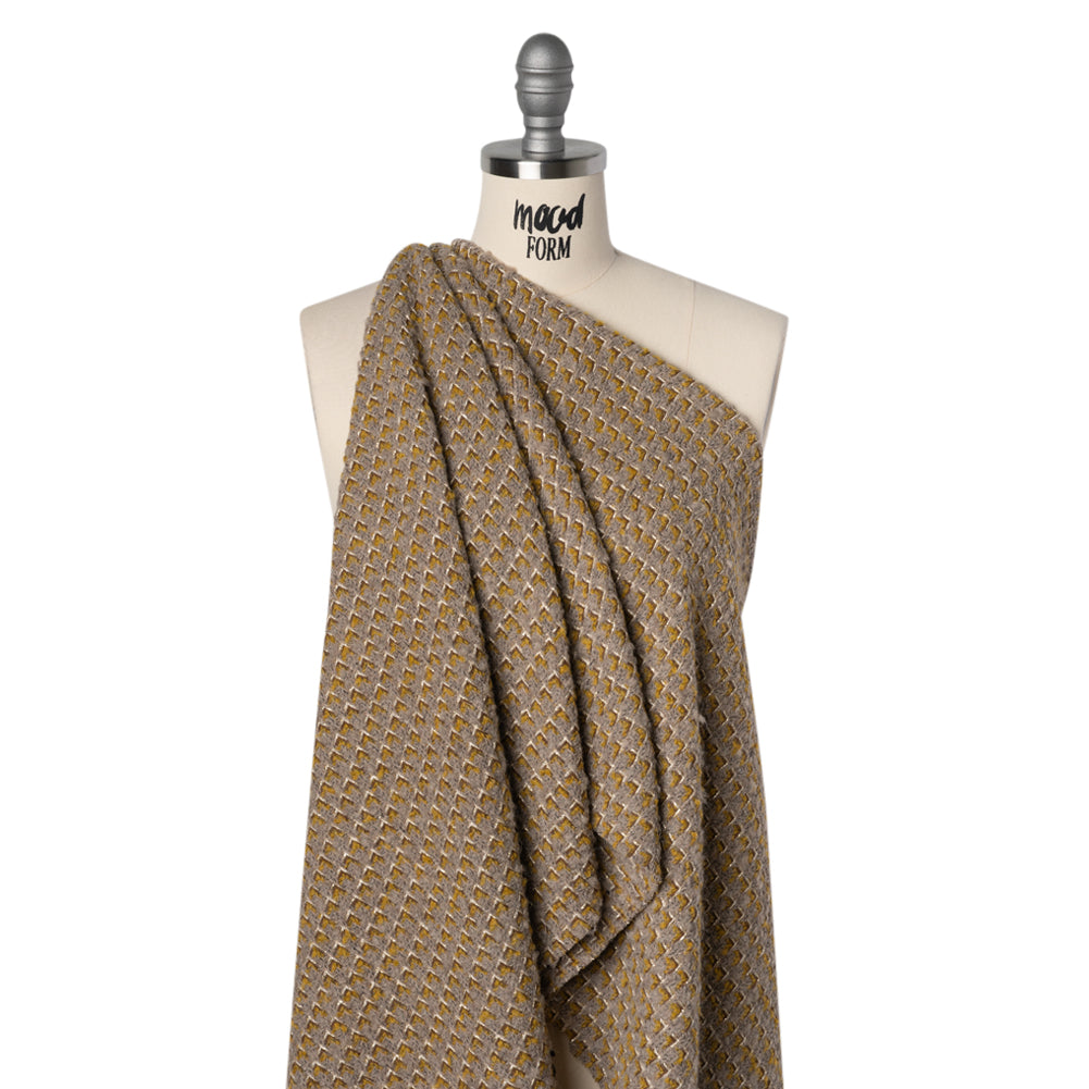 Metallic Wool Blend Tweed Twill Made in Italy - Beige, Yellow Ochre and Gold Zig Zags - Deadstock - Joann Fabrics
