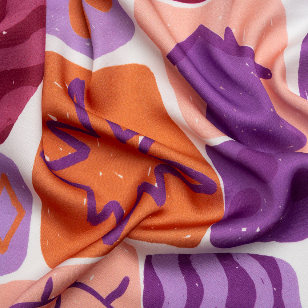 Sustainable and Recycled Viscose Satin Print - Purple and Orange Doodle Patches - Mood Exclusive Place in Space - Joann Fabrics