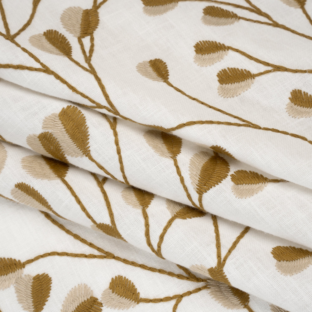 Embroidered Polyester and Cotton Woven - Ochre Budding Plants - British Imported - Joann Fabrics