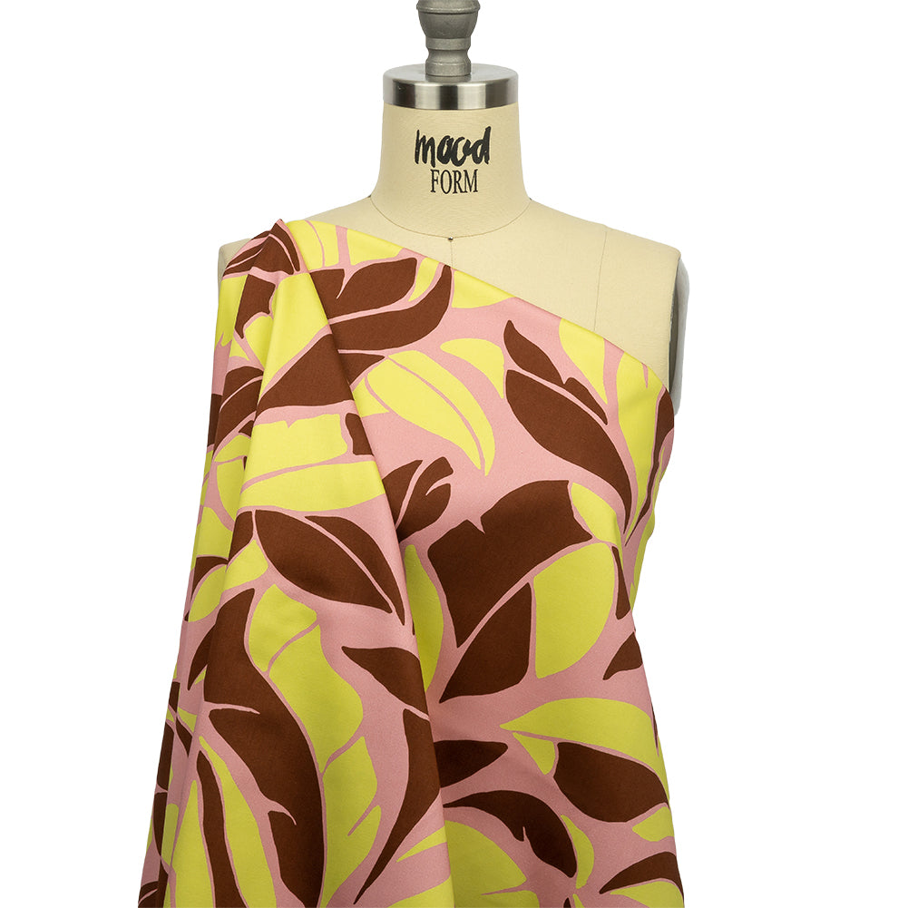 Stretch Cotton Sateen - Pink and Yellow Leaves - Flying Swirls Print - Mood Exclusive Groove Collection - Joann Fabrics