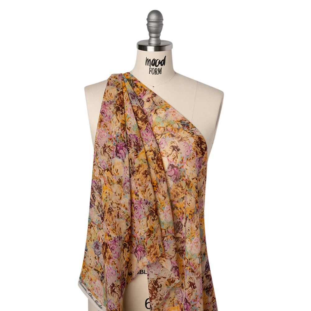 Silk Voile Print Made in Italy - Pink, Yellow and Brown Painterly Flowers - Deadstock - Joann Fabrics