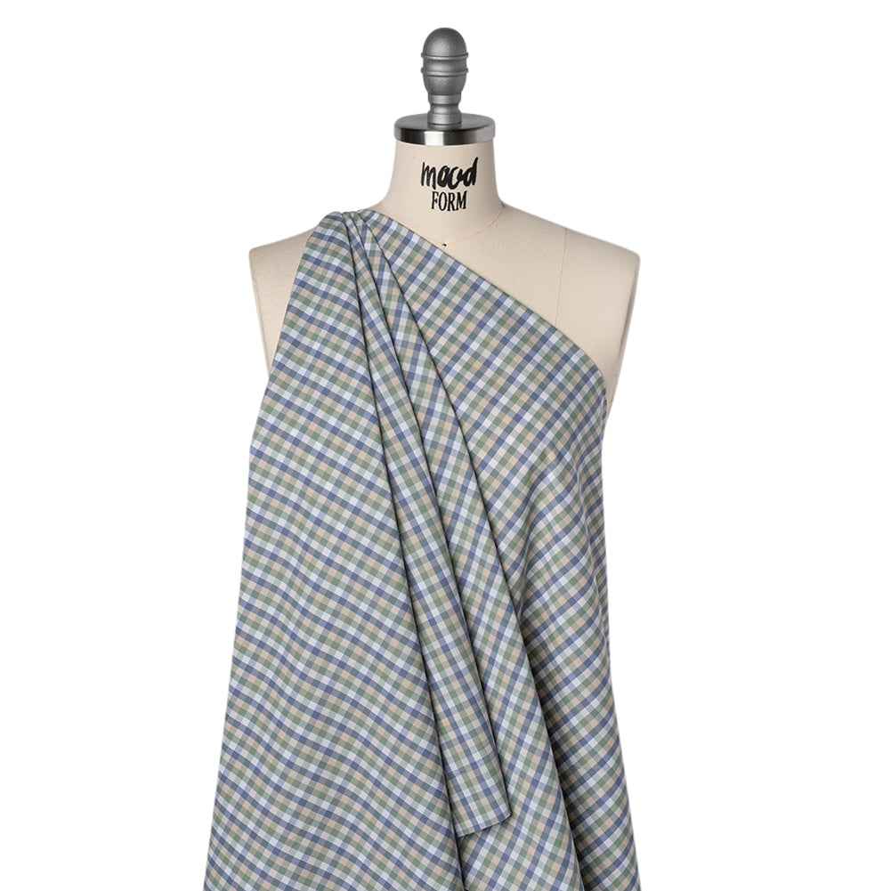 Cotton Shirting - Balsam Green, Muted Blue and Beige Plaid - Deadstock - Joann Fabrics