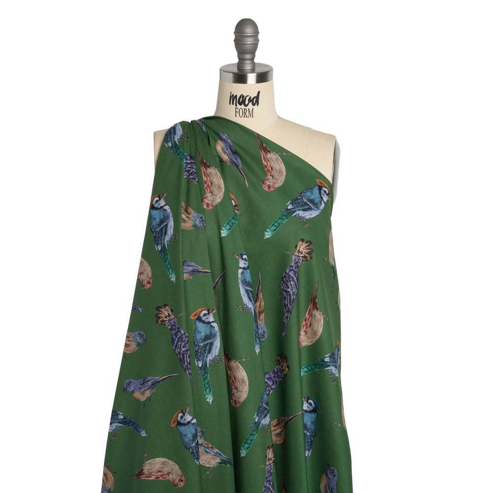 Cotton Voile - Green, Blue and Beige Little Birds - Birdsong Saunter Print - Mood Exclusive Acadia Collection - Joann Fabrics