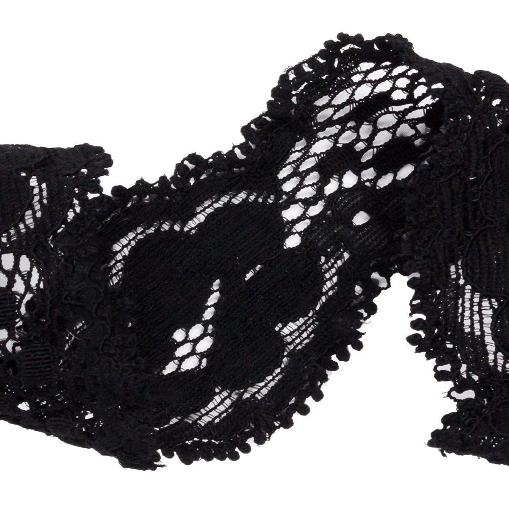 Black Floral and Scalloped Stretch Corded Lace Trim - 1.25