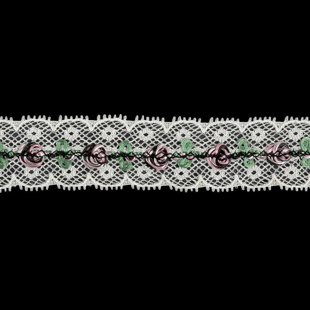 Festival Bloom, Spring Bouquet and Black Embroidered Roses on Whisper White Lace Trim - 0.875