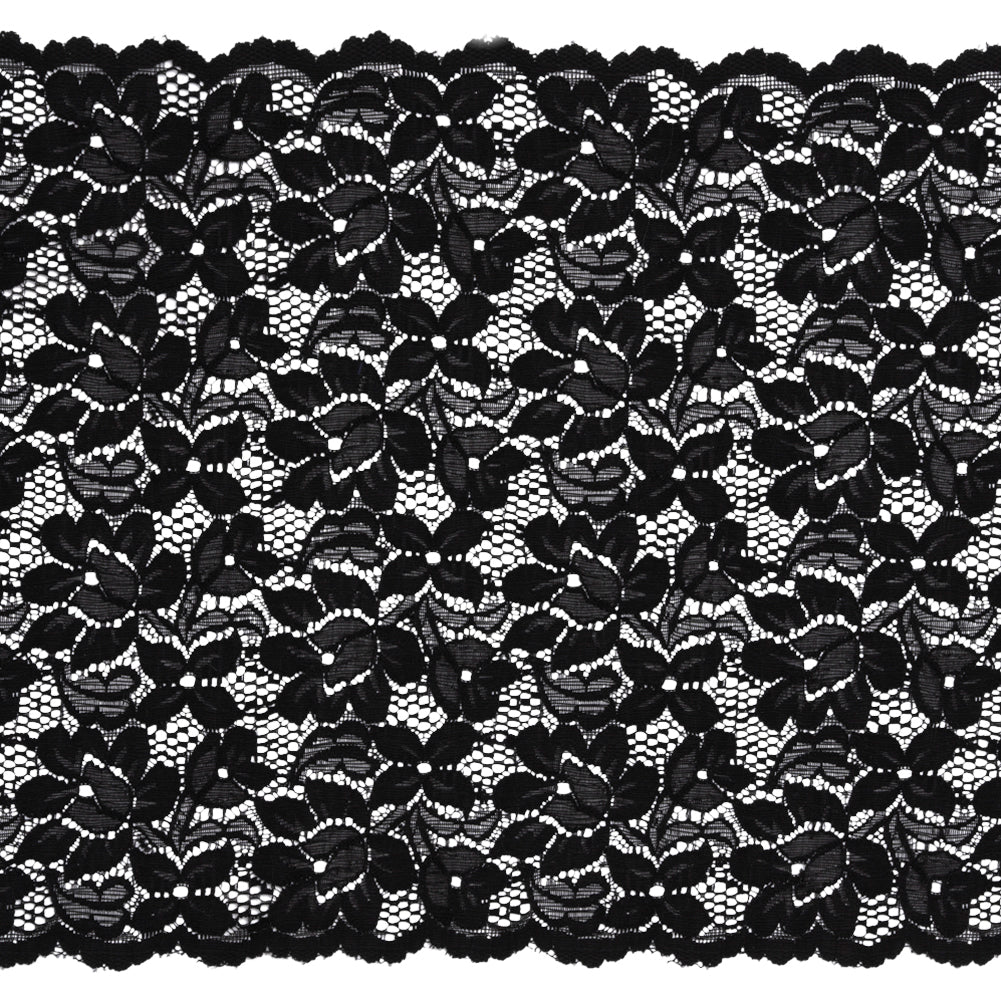 Shimmering Black Floral Stretch Lace Trim with Scalloped Edges - 11.25
