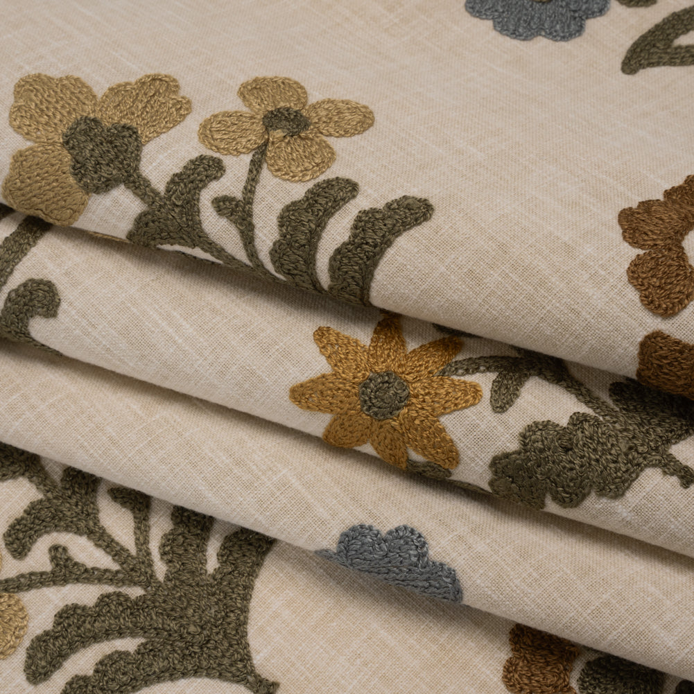 Polyester and Cotton Slubbed Drapery Woven with Viscose Embroidery - Maize Simple Flowers - British Imported - Joann Fabrics
