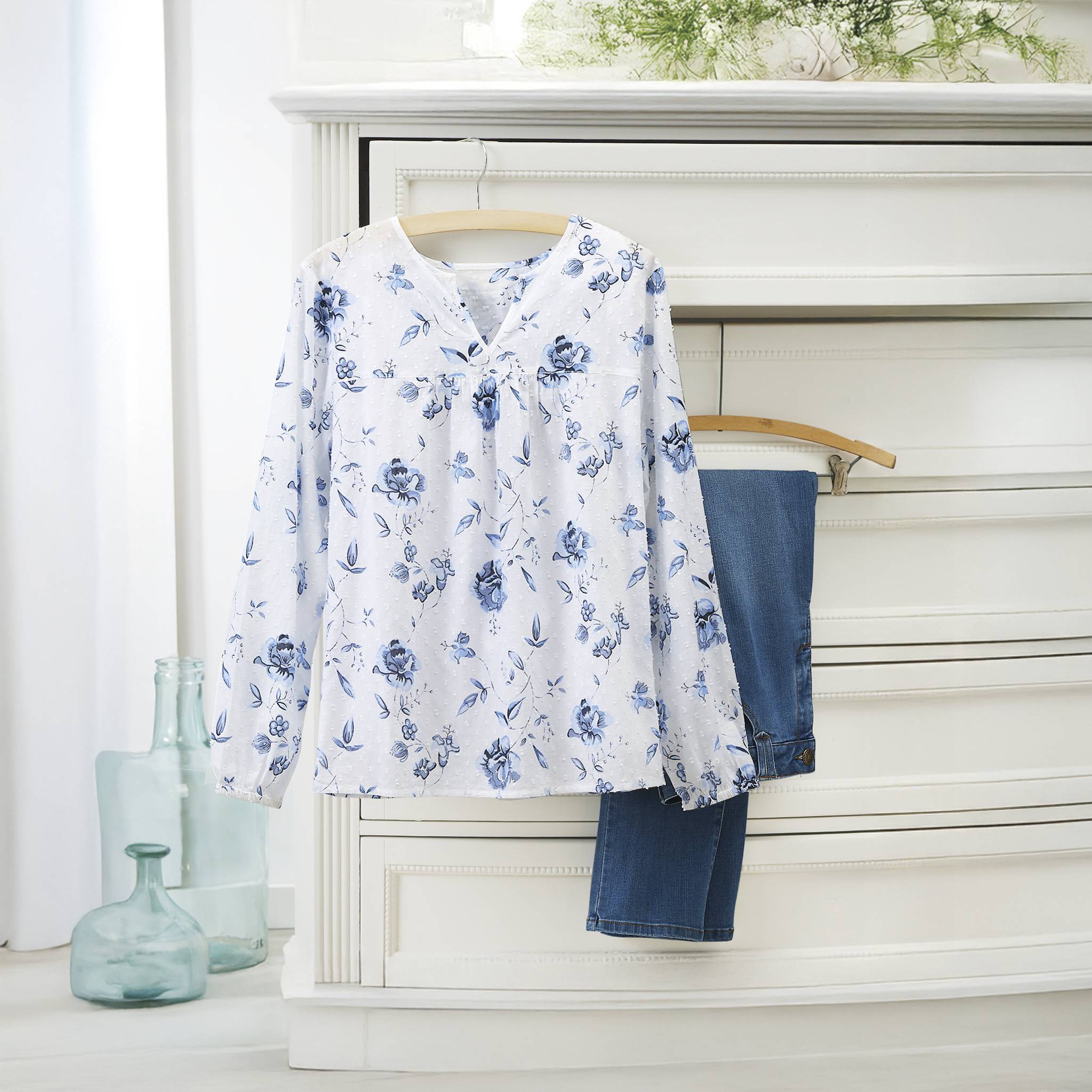 Swiss-Dot Cotton Voile Print Top, Notched Neck - Northstyle Catalog