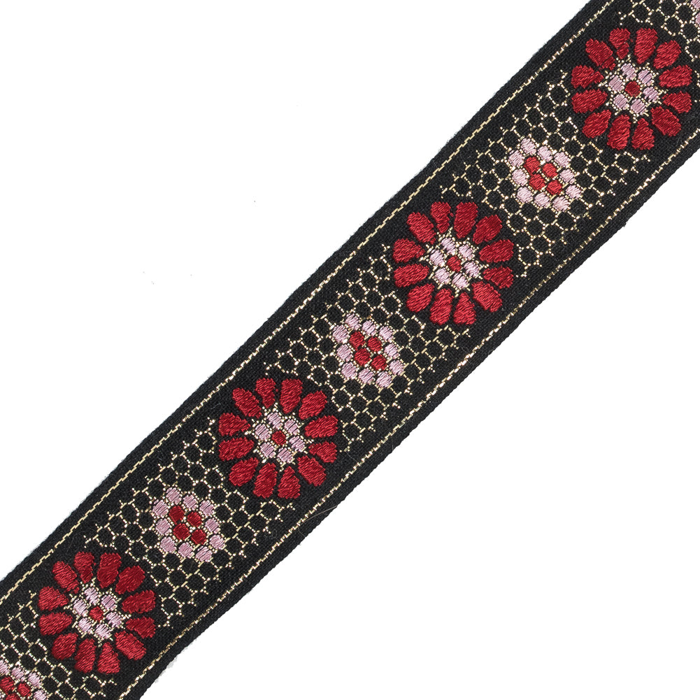 Black, Red and Pink Metallic Geometric Jacquard Ribbon - 1.5