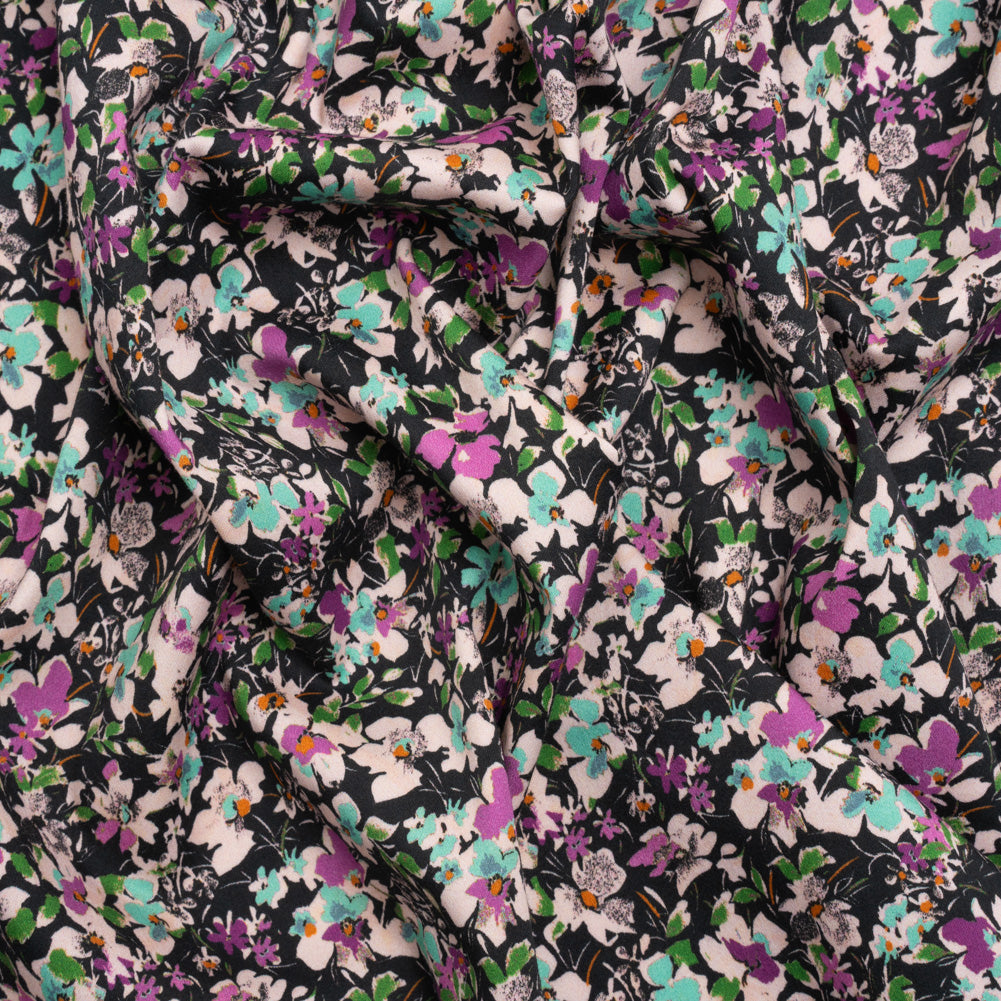 Stretch Cotton and Viscose Sateen Print - Magenta, Baby Blue and Green Floral - Mood Exclusive Meandering at Midnight - Joann Fabrics