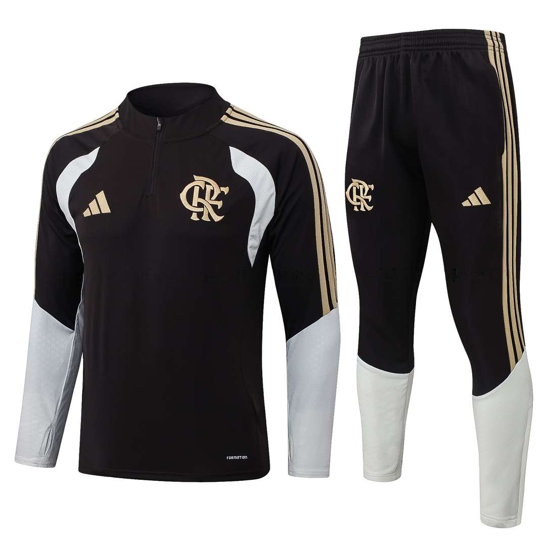 Flamengo 2026 Long Sleeve Training Set - Black With White Top & Pants - UnitedFutballJersey