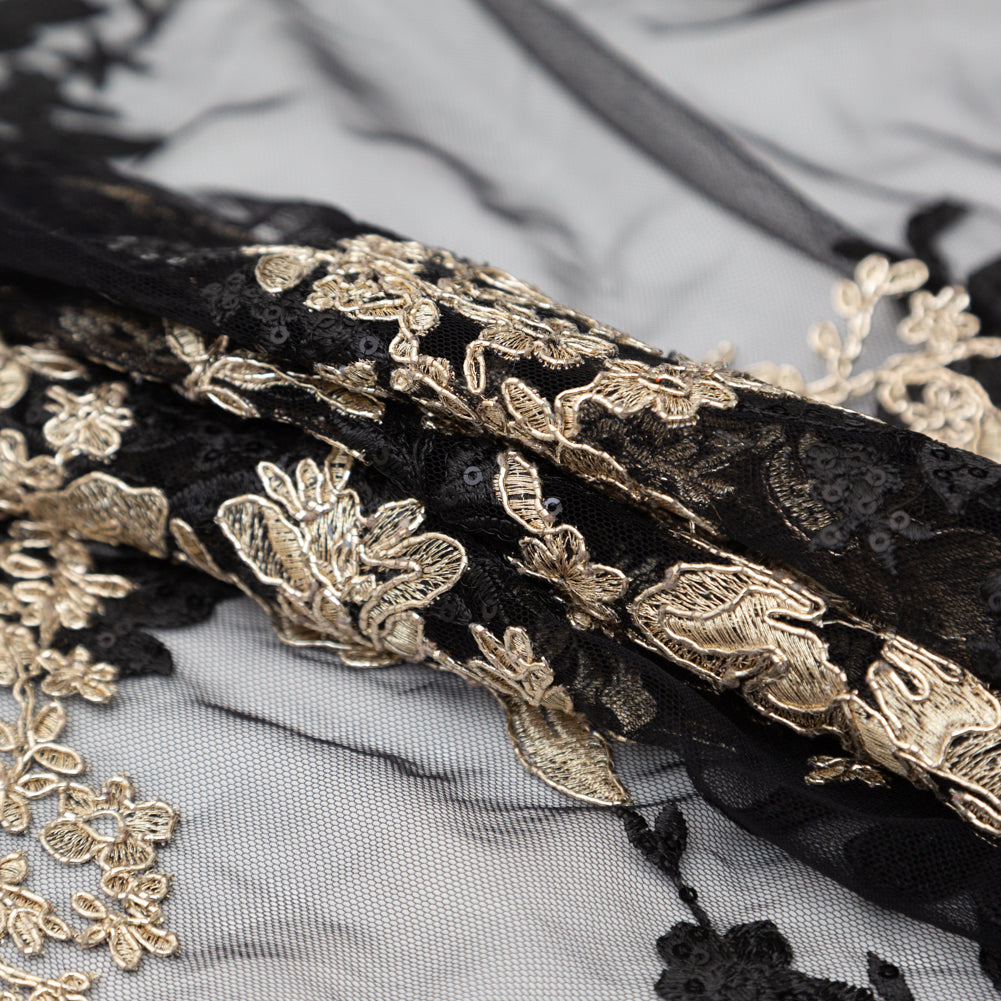Corded and Embroidered Lace with Single Scalloped Edge - Black and Metallic Gold Floral - Joann Fabrics