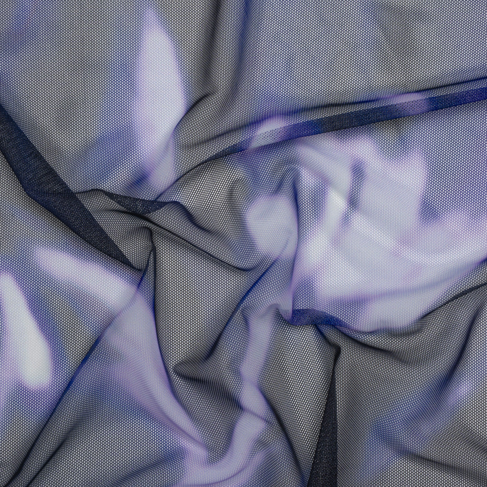 Stretch Polyester Mesh Print - Pale Purple, Ultramarine Blue and Black Abstract Tie Dye - Designer Deadstock - Joann Fabrics