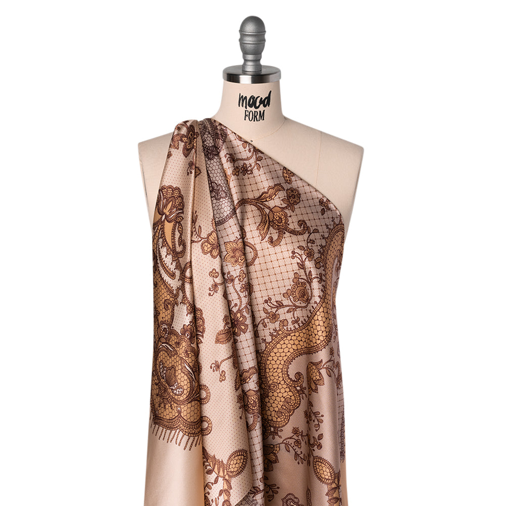 Silk Charmeuse Print 16MM, Made in Italy - Light Peach and Burgundy Lockets and Lace - Joann Fabrics