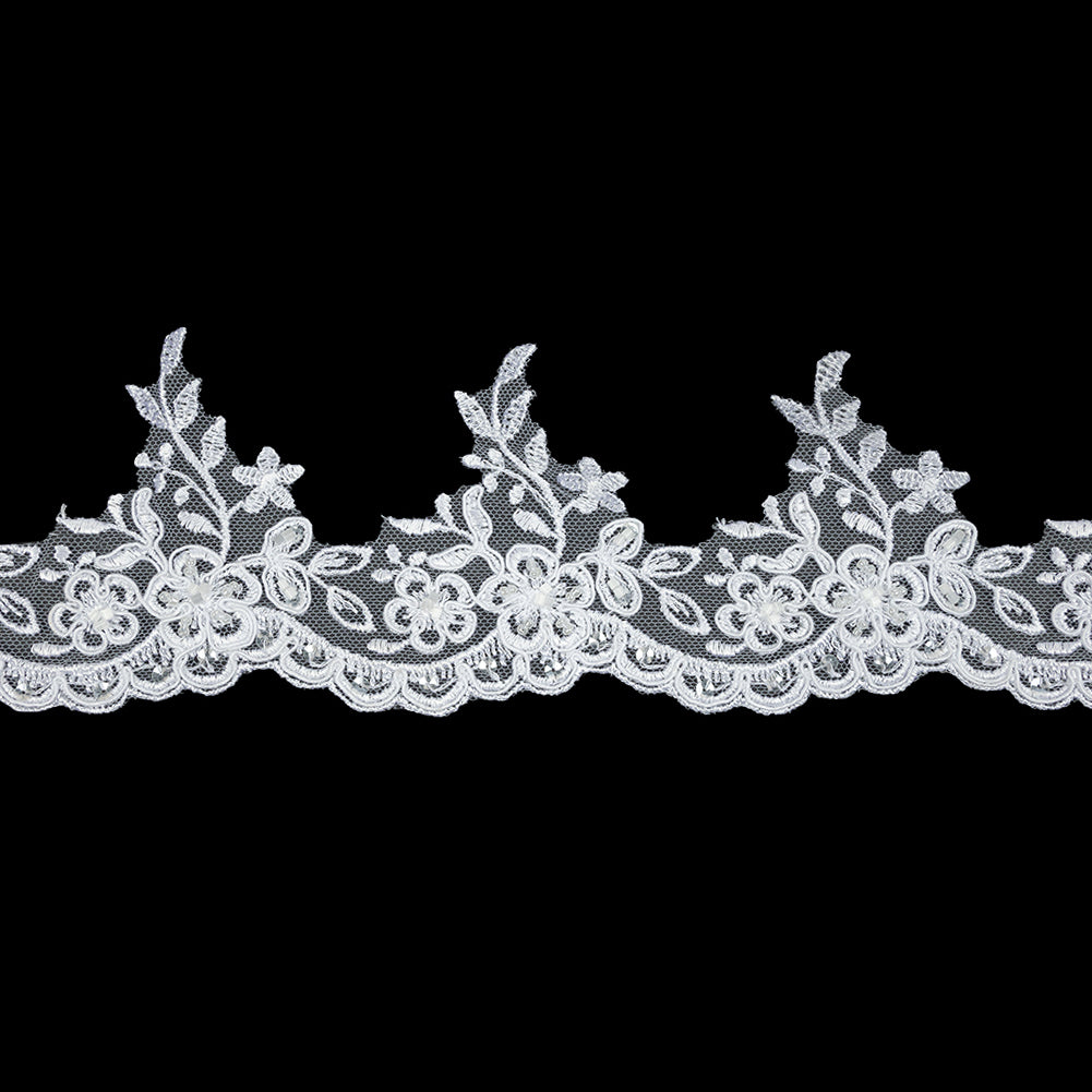 White Floral Beaded and Corded Scalloped Bridal Lace Trim - 3.5