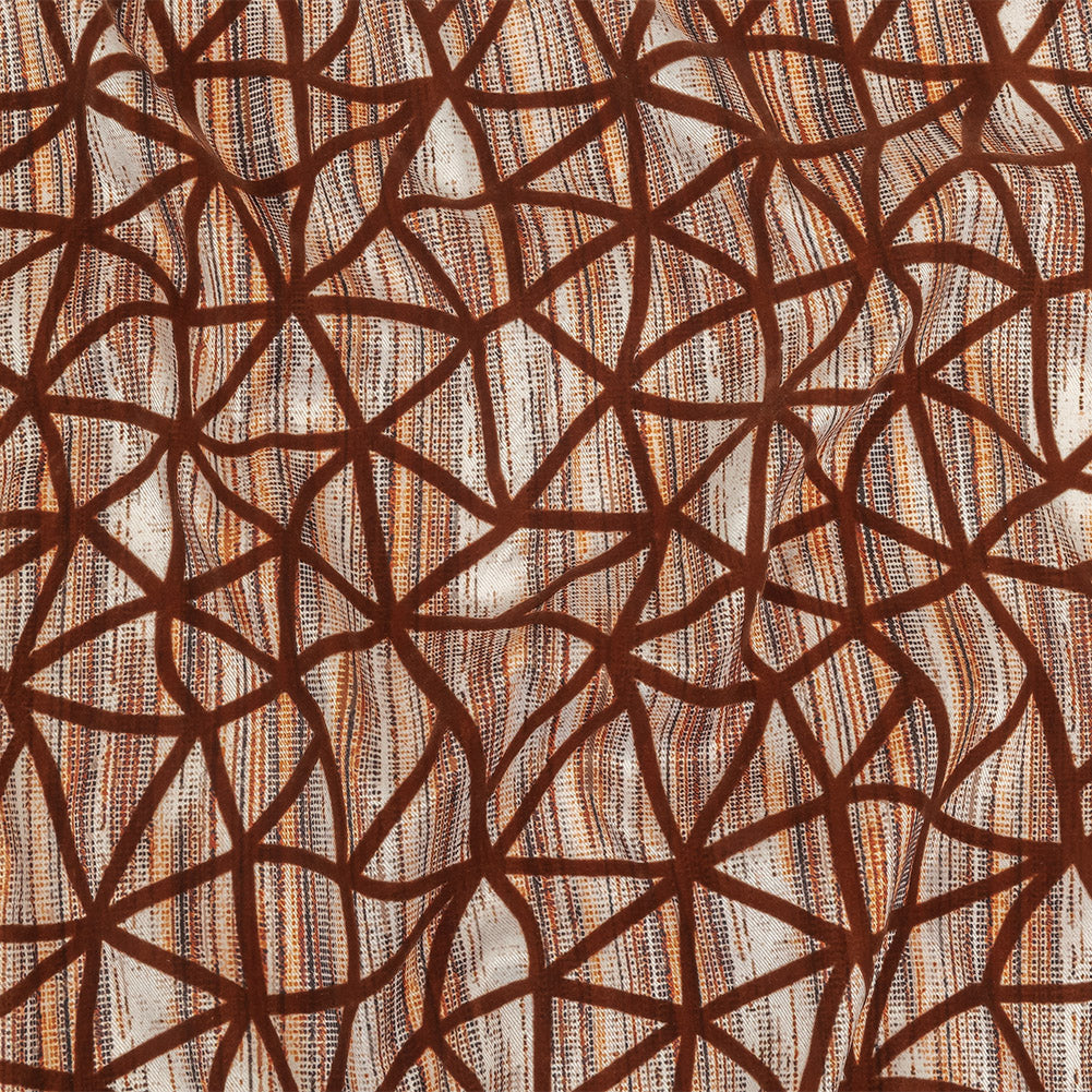 Brown Flocked Geometric Web on Brown, Orange and White Distressed Stripes Stretch Cotton Twill - Joann Fabrics