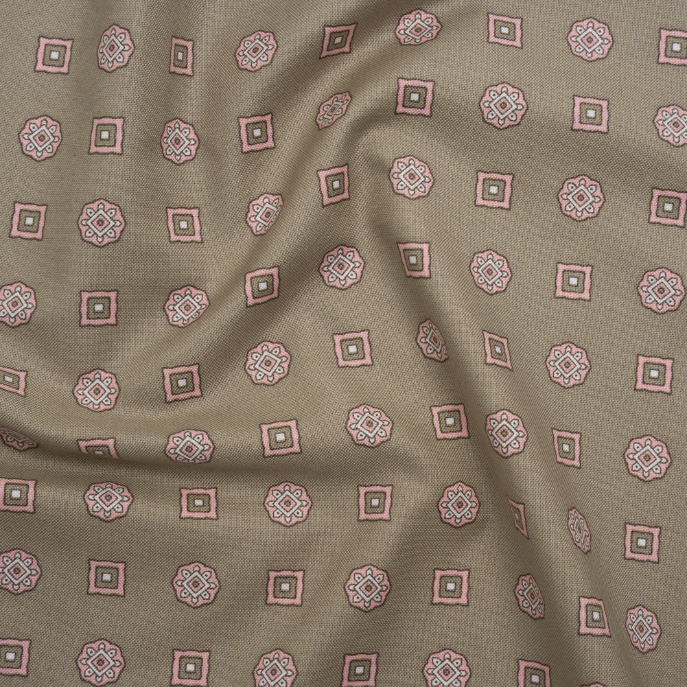 Cotton Oxford Shirting Print - Warm Gray, Baby Pink and White Medallions and Squares - Deadstock - Joann Fabrics