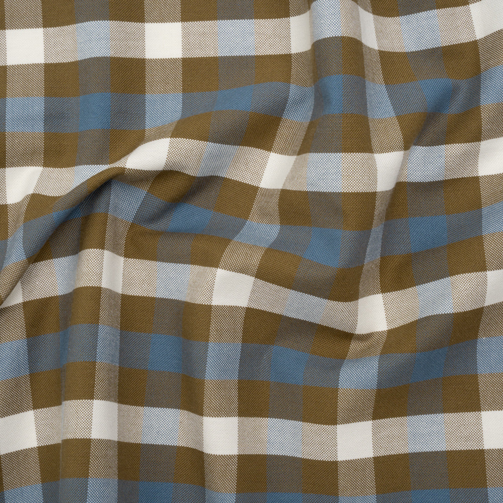 Cotton Oxford Shirting - Olive Brown, White and Blue Big Tattersall Check - Deadstock - Joann Fabrics