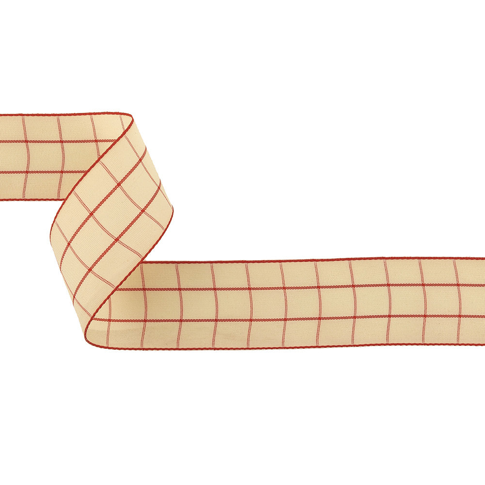 Pointsettia and Ethereal Green Windowpane Check Woven Ribbon - 1.5