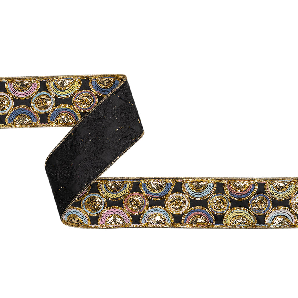Yaya Han Metallic Embroidered and Sequined Woven Ribbon Trim - Lagos Black, Gold and Rainbow Circles, 2.63