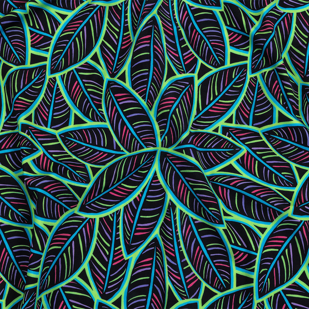 Black, Green and Blue Leaves UV Protective Compression Swimwear Tricot with Aloe Vera Microcapsules - Joann Fabrics