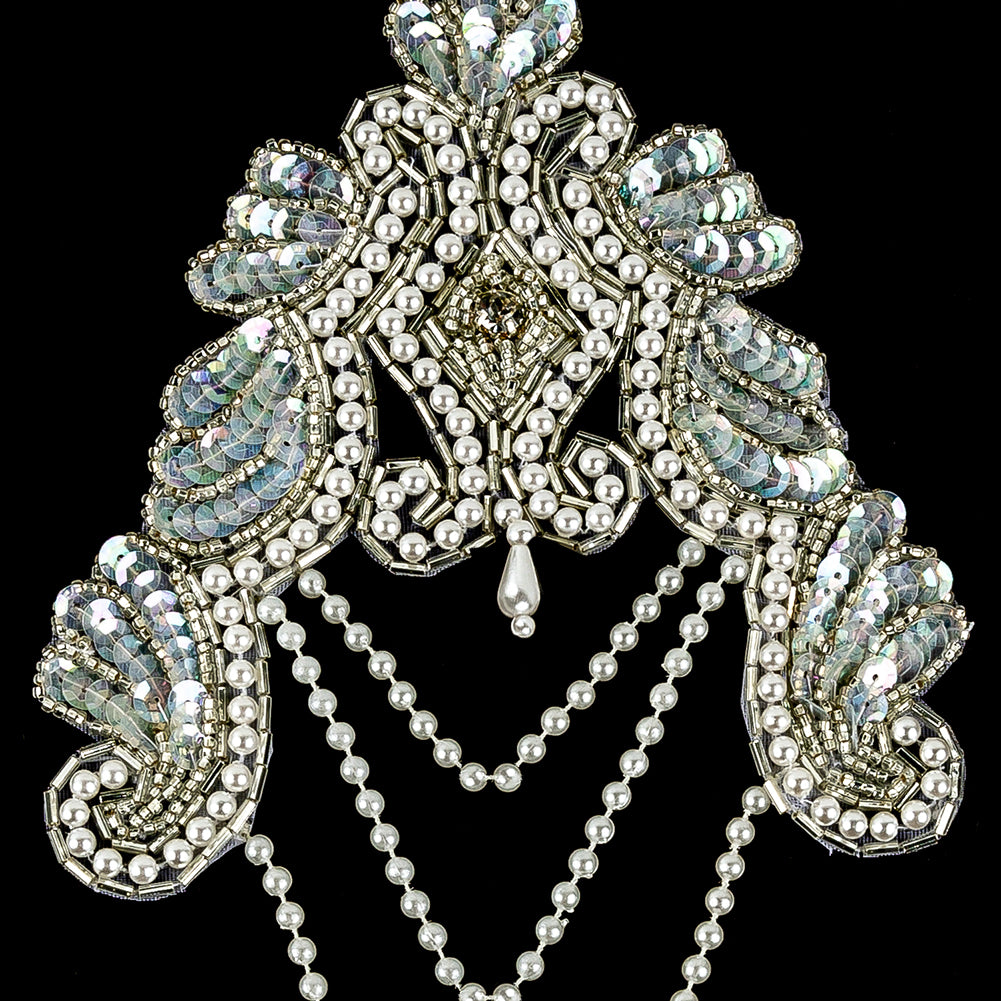 Vintage Pearl and White Iris Beaded and Sequins Applique with Crystal Rhinestone Center - 8.25