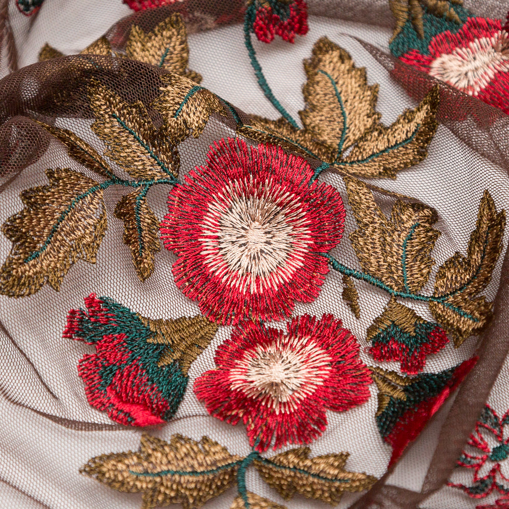 Italian Red, Gold and Green Metallic Floral Embroidery on Brown Tulle with Finished Edges - Joann Fabrics