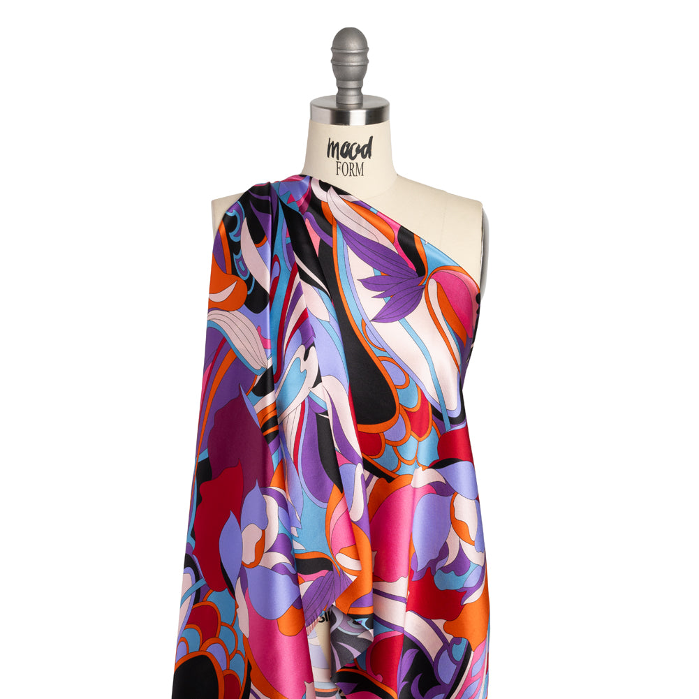 Silk Charmeuse Print - Periwinkle, Orange and Fuchsia Retro Floral Swirl - Made in Italy - Joann Fabrics