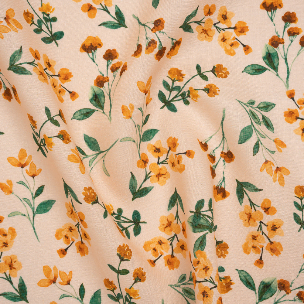 Medium Weight Linen Woven Print - Peach, Orange and Emerald Green Little Flower Bunches - Joann Fabrics