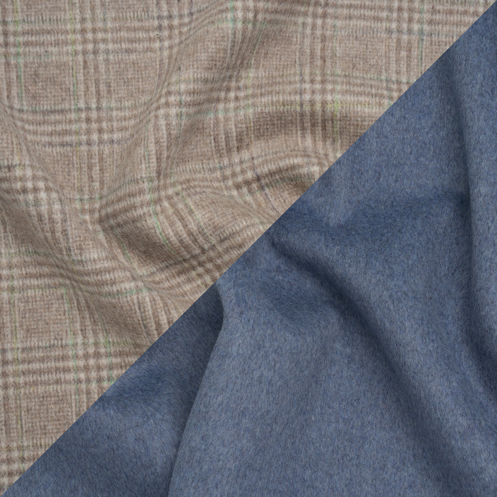 Brushed Wool Double Cloth Coating - Beige, Brown and Green Glen Plaid and Muted Blue Heathered - Deadstock - Joann Fabrics