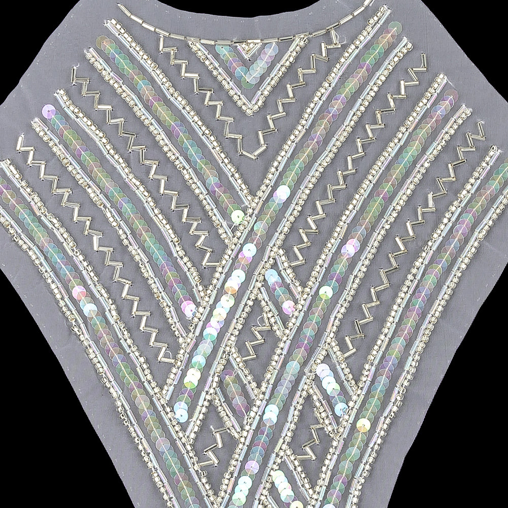 Vintage Translucent Multicolored Sequins and Silver-lined Zig-Zag Bugle Beaded Sheer Panel Applique - 13.5