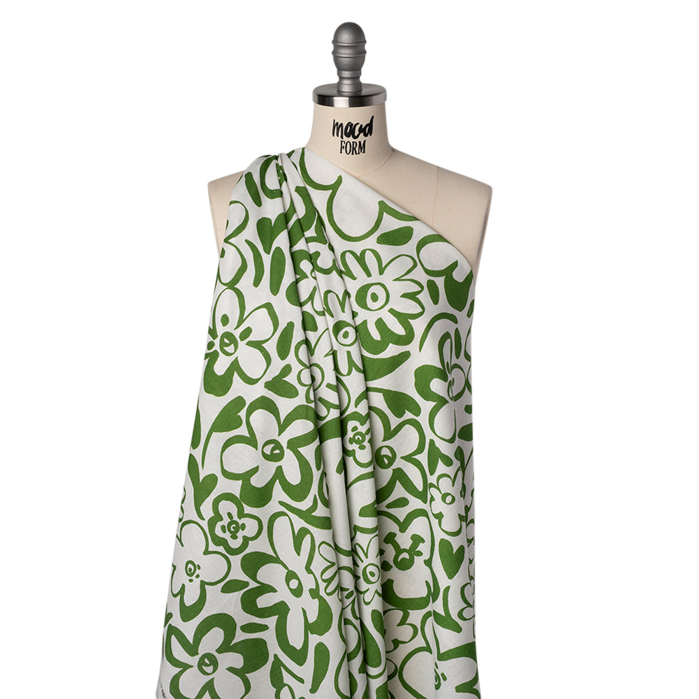 Linen and Rayon Woven - Green and Off White Flower Doodles - Mood Exclusive Sweet Scribbles Print - Joann Fabrics