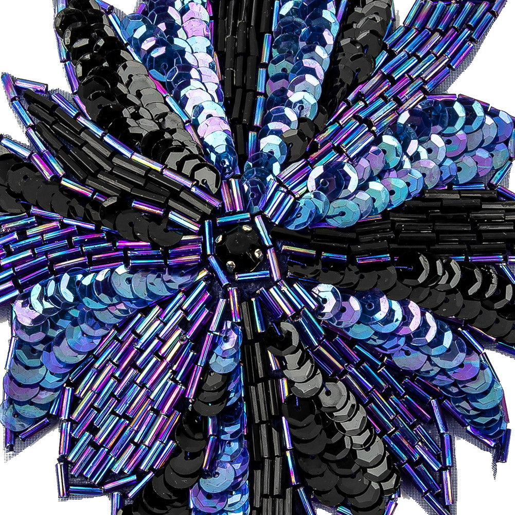 Vintage Iridescent Blue and Black Sequins and Beaded Floral Applique with Jet Rhinestone Core - 6.5