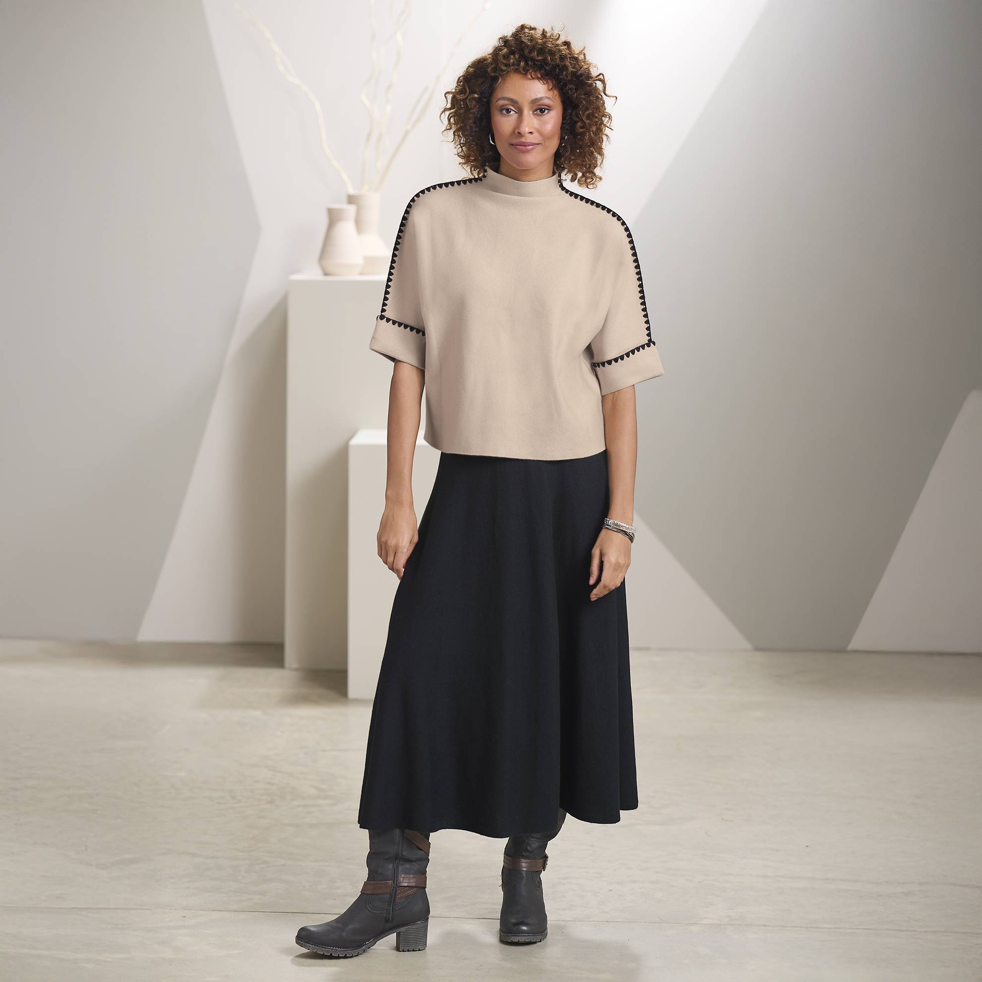 Embroidered-Trim Dolman Sweater, Mockneck - Northstyle Catalog